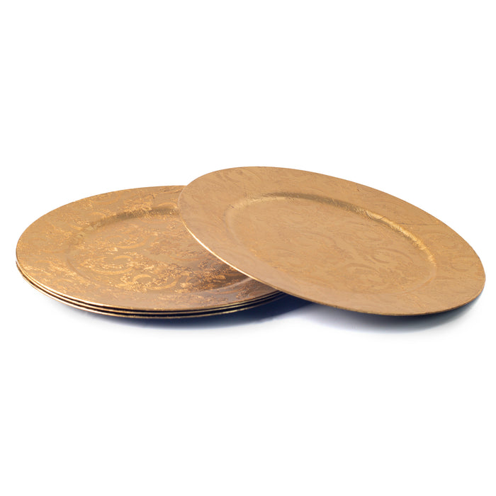 CB Set of 4 Gold Charger Plates, 33cm Embossed Floral Round Under Plates