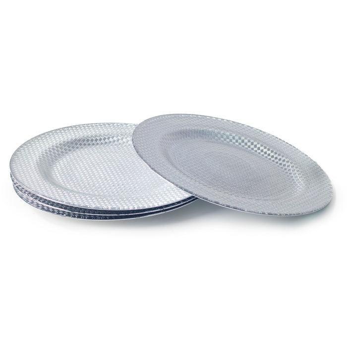 Set of 4 33cm Round Checkered Glass Charger Plates, Silver Reusable Underplates