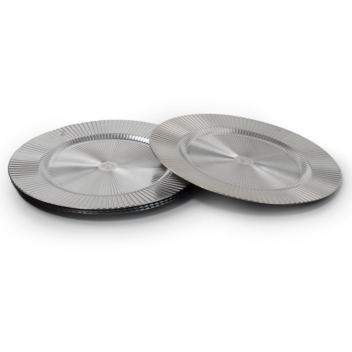4-Pack 33cm Round Plastic Charger Plates - Silver Decorative Striped Underplates