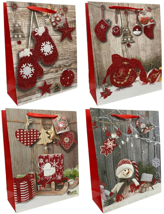 Geri Set of 8 Large 42cm Red Glittered Christmas Paper Gift Bags with Handles