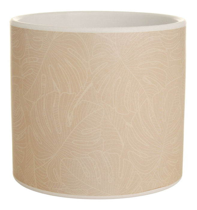 Set of 2 Beige Ceramic Flower Pots 14cm Round Windowsill Plant Pot Floral Design