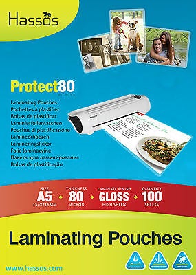 100 x Hassos A5 Laminating Pouches 80 Micron ( 2 x 40 ) Gloss Laminate Sleeves