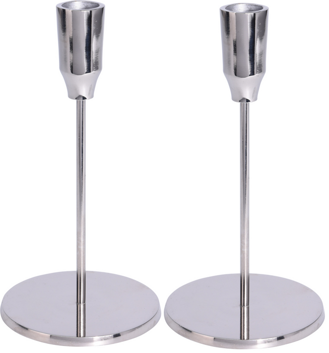 2-Pack 20cm Tall Aluminium Candle Holders - Wide Base Silver Candlestick Holders