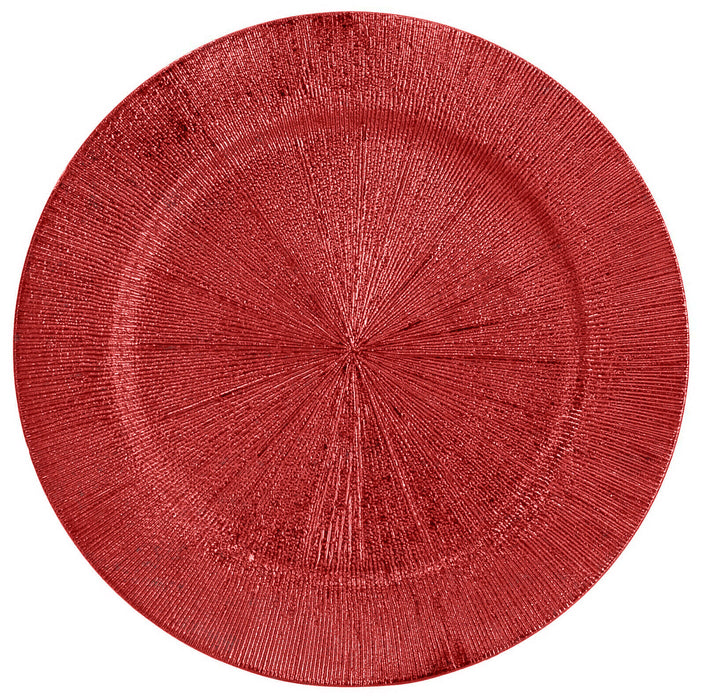 Set of 4 33cm Round Plastic Charger Plates, Red Rippled Tableware Plate Set