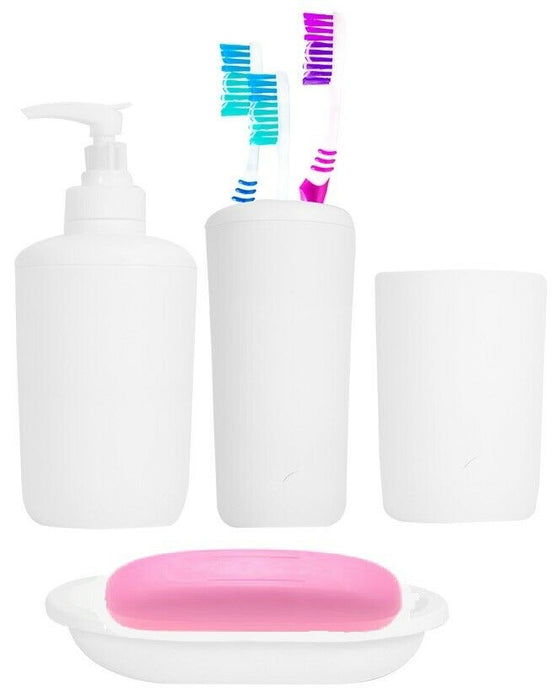 White Bathroom Accessory Set Tumbler Soap Tray Dispenser Toothbrush 4 Piece