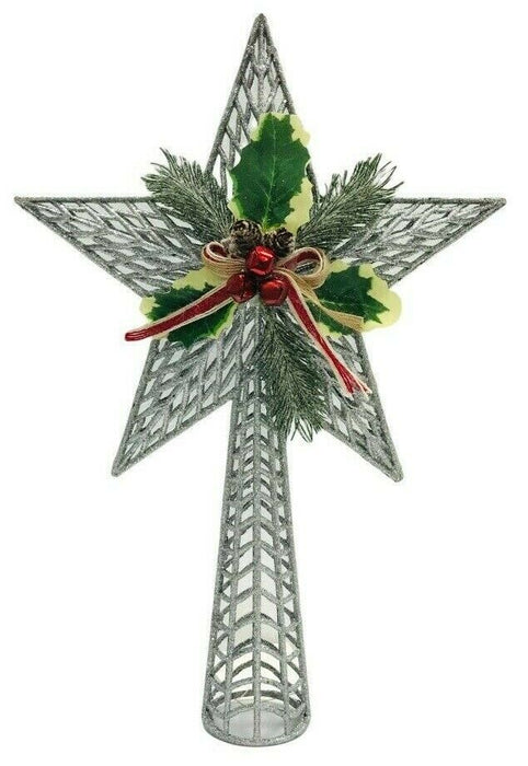 Gery 38cm Plastic Silver Star Xmas Tree Topper, Shatterproof Wicker Glitter Finish