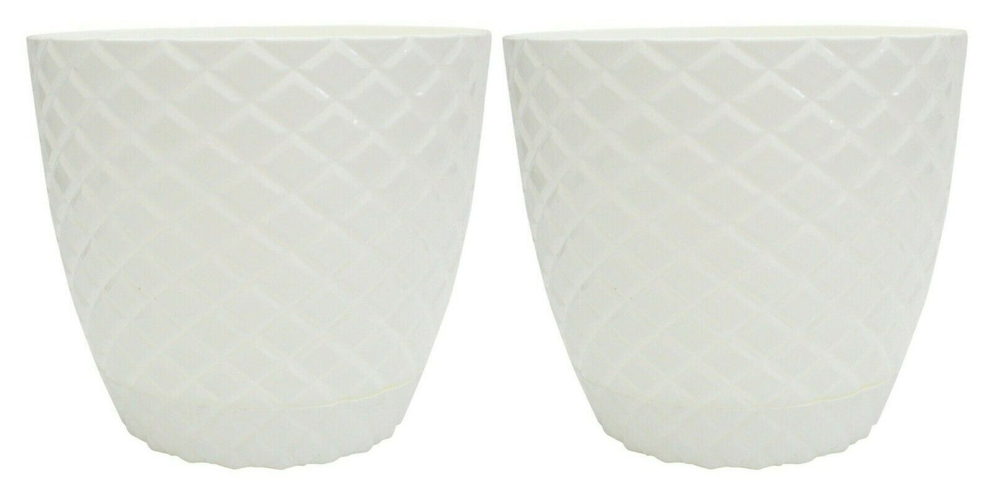 Set of 2 White Diamond Cut Modern Large Plant Pot Indoor / Outdoor 5.6 L Planter