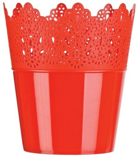 Set of 4 Red Plastic Flower Plant Pots 14cm Medium Planter W Frilled Lace Effect