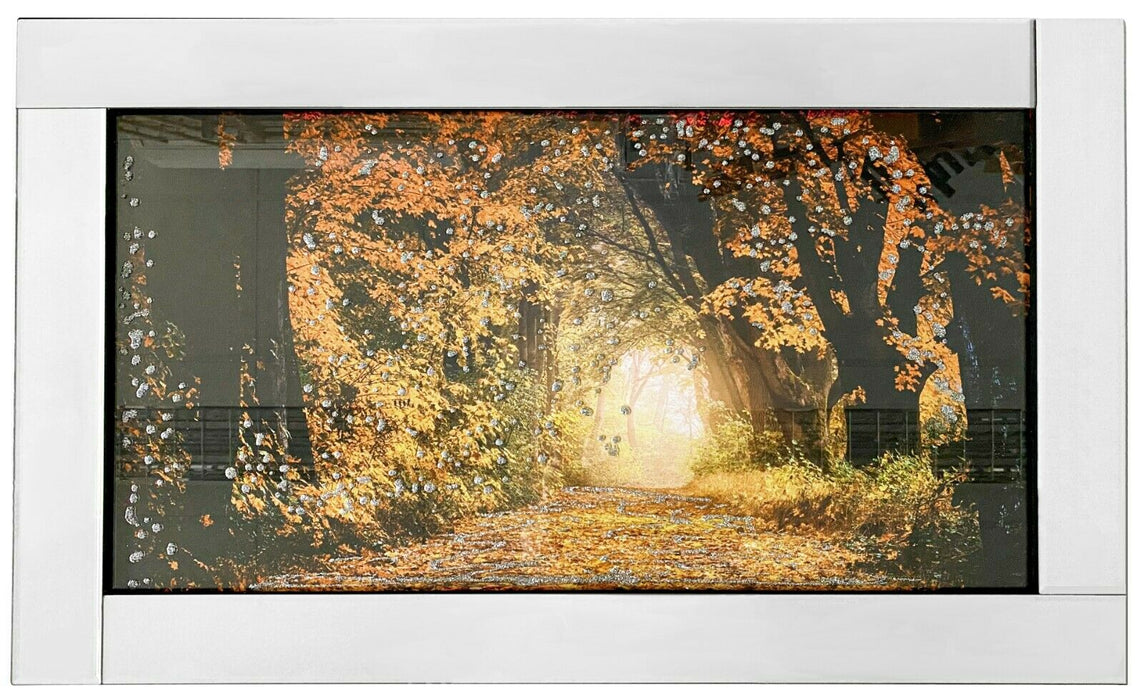 EXTRA LARGE Wall Picture In Mirrored Frame Autumn Woodland Forest 3D Glitter Art