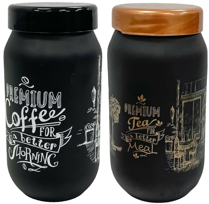 Set Of 2 Glass Tea Coffee Canister Set 1 Litre Matt Black Storage Jars With Lid