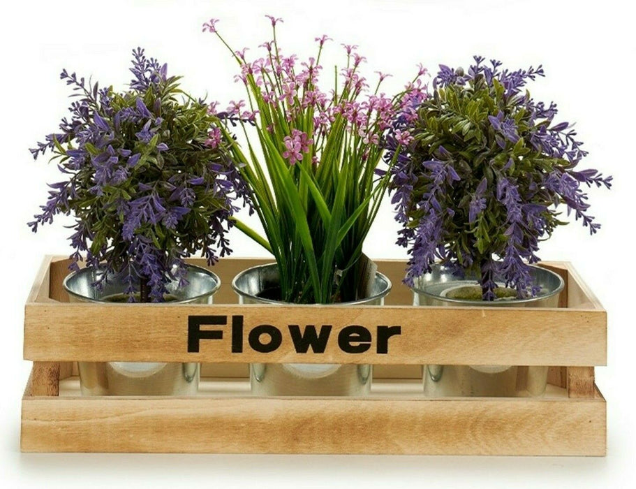 41cm Wooden Windowsill Plantbox 3 Small Metal Flowerpot Planters Indoor Outdoor