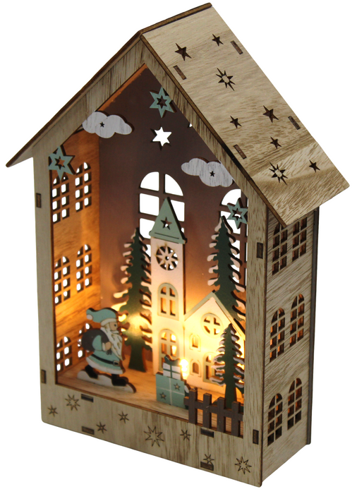 CB 17cm Wooden Light Up Christmas Village Scene with LED Lights for Xmas Decor