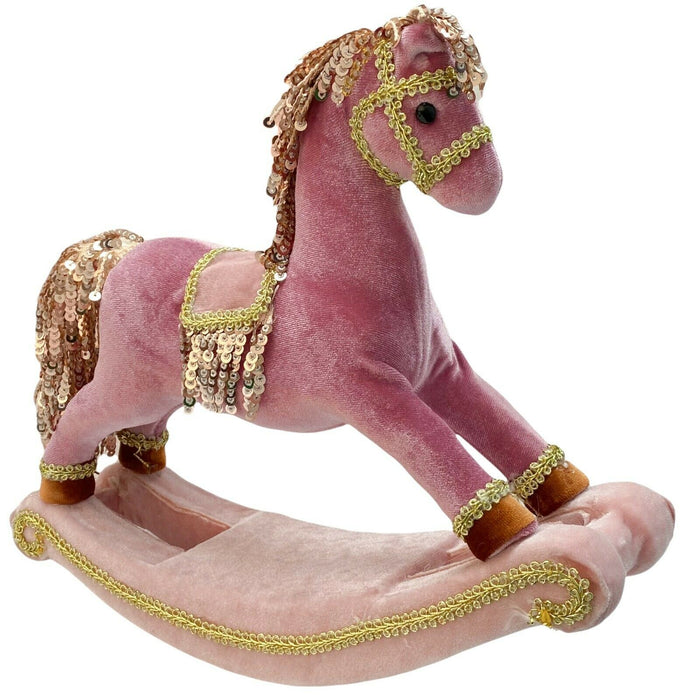 Christmas Rocking Horse Ornament With Sequins Pink Velvet Festive Horse Figurine