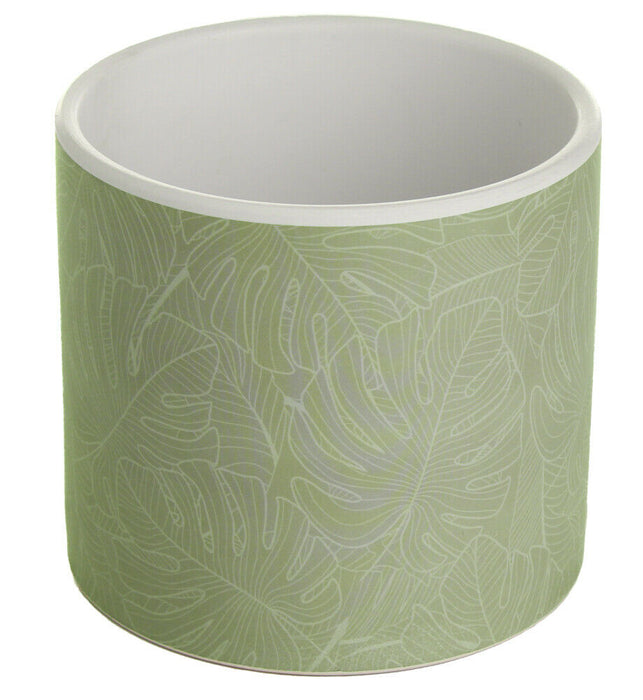Set of 2 Green Ceramic Flower Pots 14cm Round Windowsill Plant Pot Floral Design