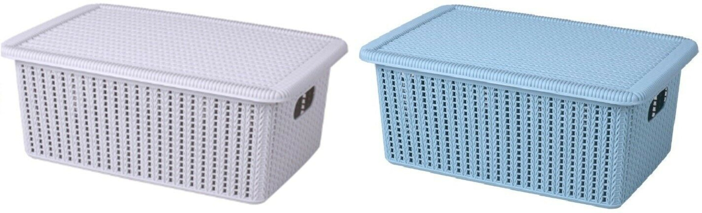 Small Storage Lidded Plastic Storage Boxes Rattan Design Blue or Grey