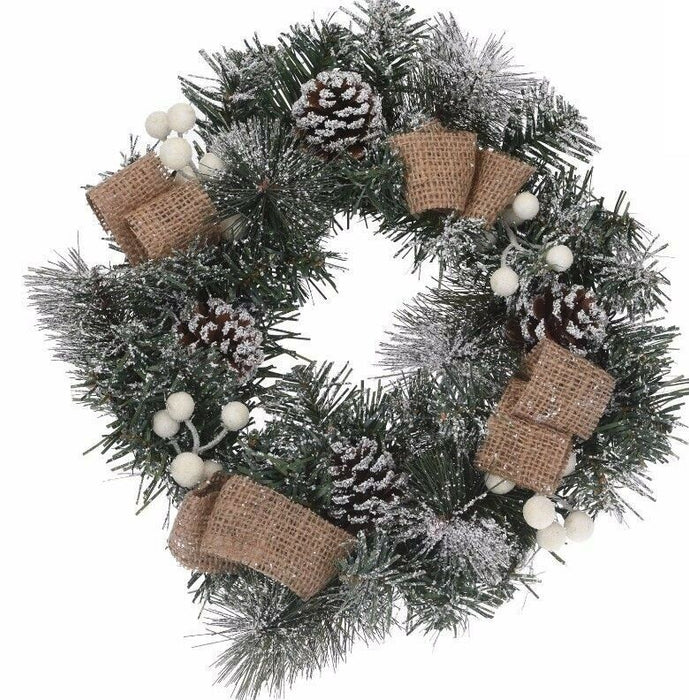 Koop 28cm Plastic Green Christmas Wreath with White Berries and Artificial Snow