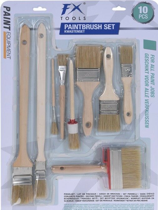 10 Piece Combi Paint Brush Set. Oil Water Based Paint Stirrer & Angled Brush