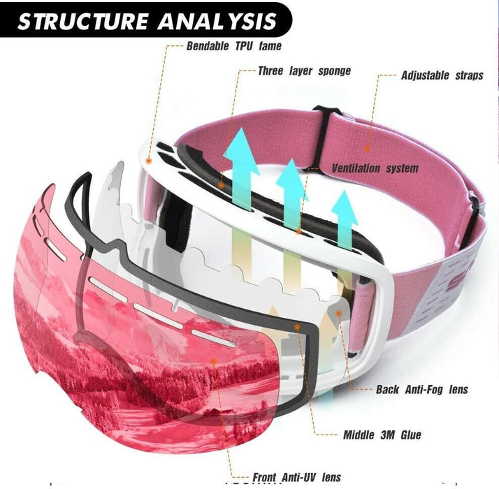 OTG Ski Goggles Adults Men Women with UV Protection, Anti-Fog Dual Lens Pink