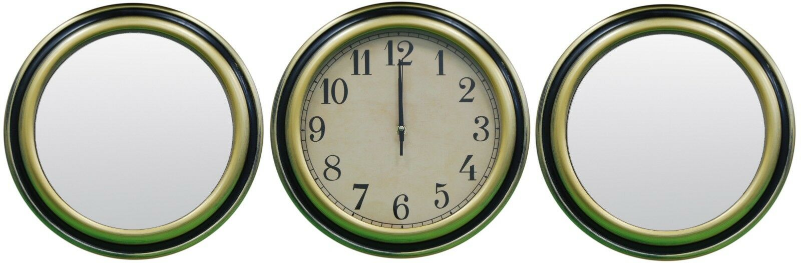 Set of 3 Brushed Gold Wall Clock & 2 Matching Mirrors Large Clock & Mirror