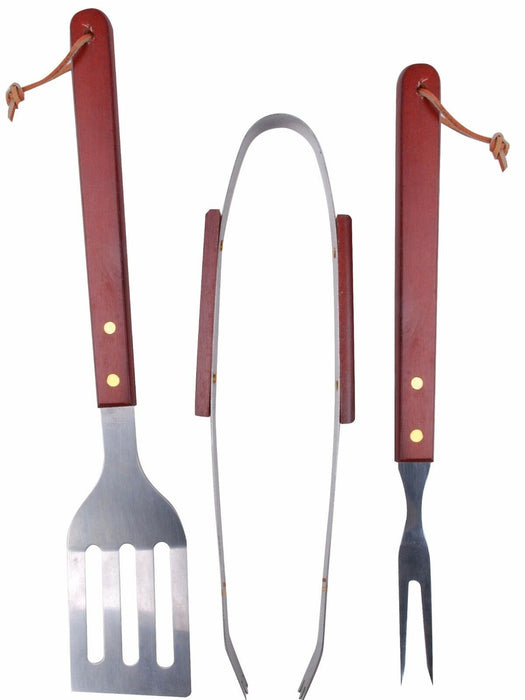 3 Piece BBQ set Barbecue Spatula Tong and Fork with Wooden handles Deluxe Set
