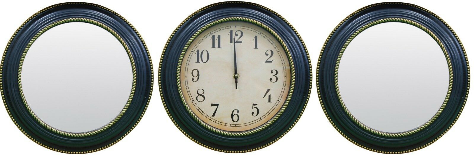 Set of 3 Elegant Gold Wall Clock & 2 Matching Mirrors Large Clock & Mirror