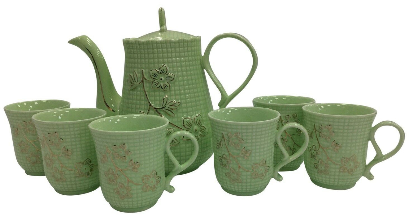 8 Piece Tea Pot Set & Cup Set Green Porcelain Teapot With Matching Cups & Tray