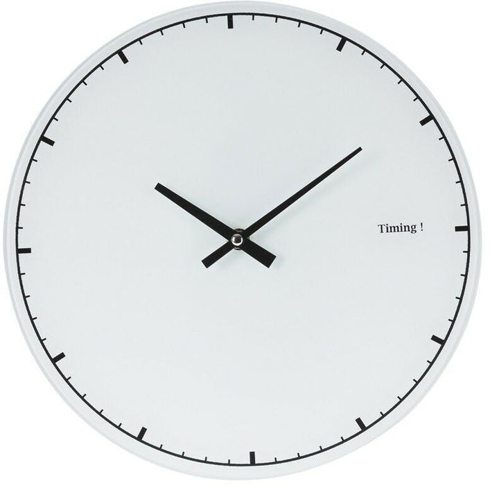 30cm Round Glass Wall Clock, White & Black Battery-Operated Quartz Wall Clock