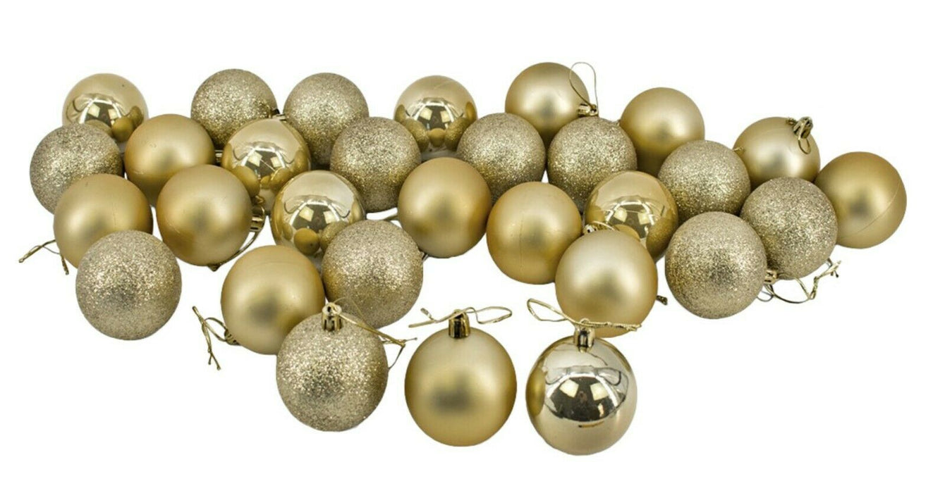 Rammento 30 Piece Set of Shatterproof Gold Baubles, 6cm/2.3” | Shiny, Matte & Glitter Finish