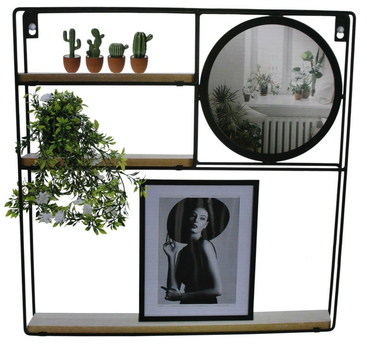 Metal Floating Shelf Black Wall Rack With Mirror Wall Mounted 40cm Shelving Unit