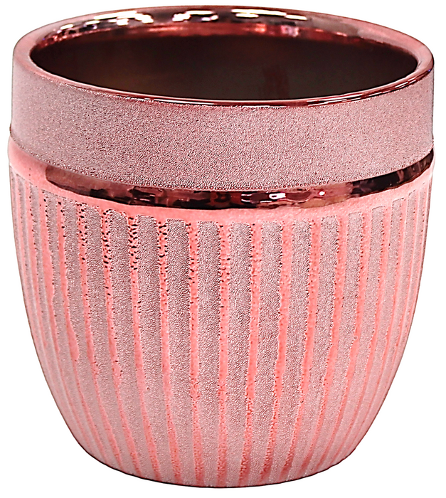 13cm Tall Gloss Ceramic Plant Pot, 1L Shiny Pink Ribbed Indoor/Outdoor Planter