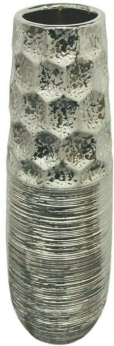 Ceramic Silver LARGE Flower Vase 40cm Tall Striped & Dimpled Design Decor Vase