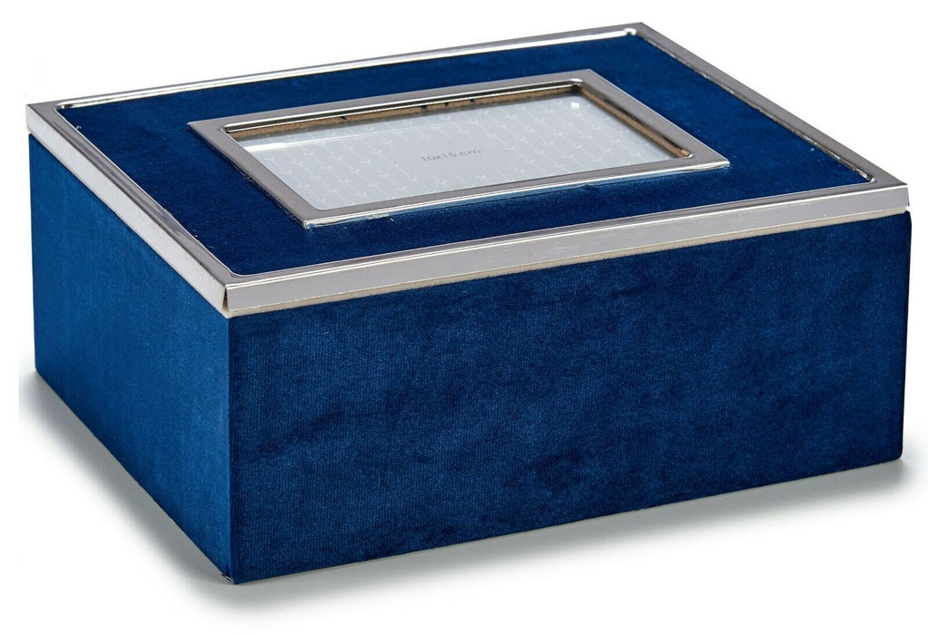 Dark Blue Velvet Rectangular Jewellery Box With Personalised Photo Frame Cover