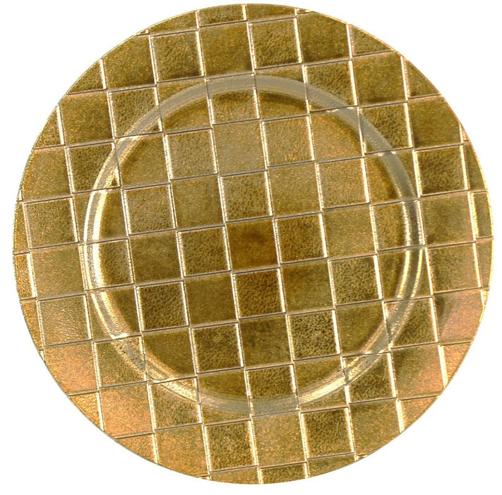 Set of 4/6 33cm Round Plastic Charger Plates, Gold Checkered Tableware Plate Set