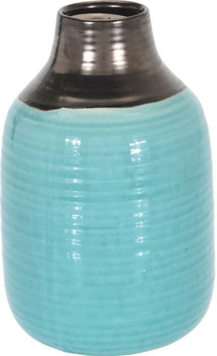 Large Ceramic Bottle Shaped Tall Flower Vase 27cm Tall Green & Gold Wide Mouth
