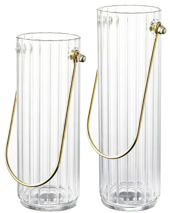 Set Of 2 Clear Glass Flower Vase Decorative Cylinder Bud Vases With Metal Handle