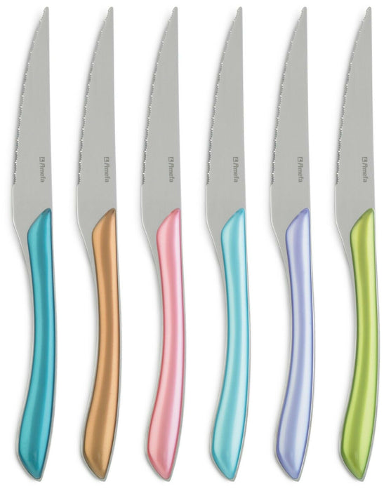 Set Of 6 Pastel Coloured Metallic Steak Knife Set Serrated Steak Pizza Knives