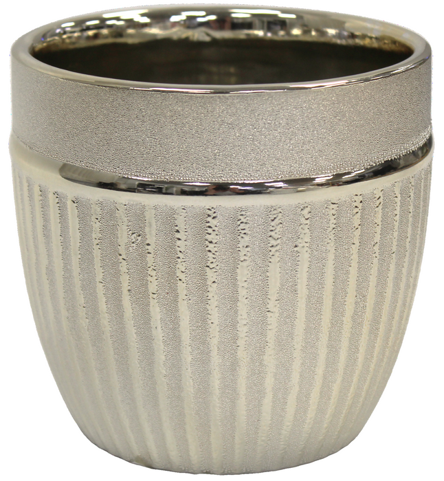 13cm Tall Gloss Ceramic Plant Pot, Champagne Gold Ribbed Indoor/Outdoor Planter