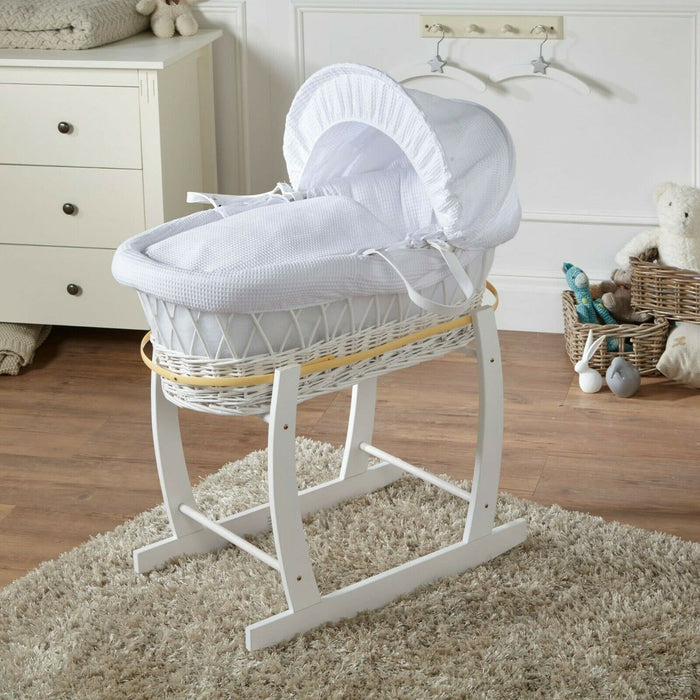Wicker Baby Moses Basket With Rocking Stand Deluxe Sleep Pod White Waffle Covers