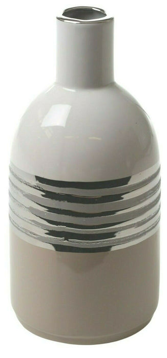 26cm Bottle Shaped Ceramic Beige & Silver Decorative Flower Vase 3 Toned Design