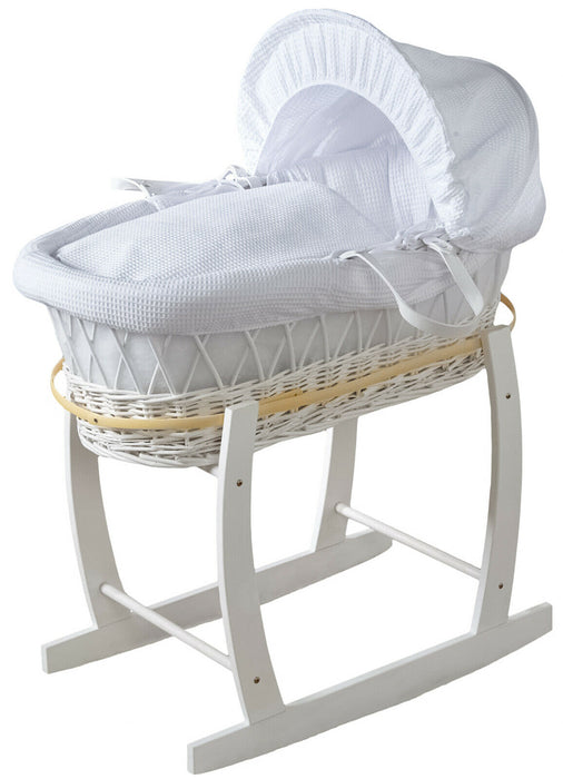 Wicker Baby Moses Basket With Rocking Stand Deluxe Sleep Pod White Waffle Covers