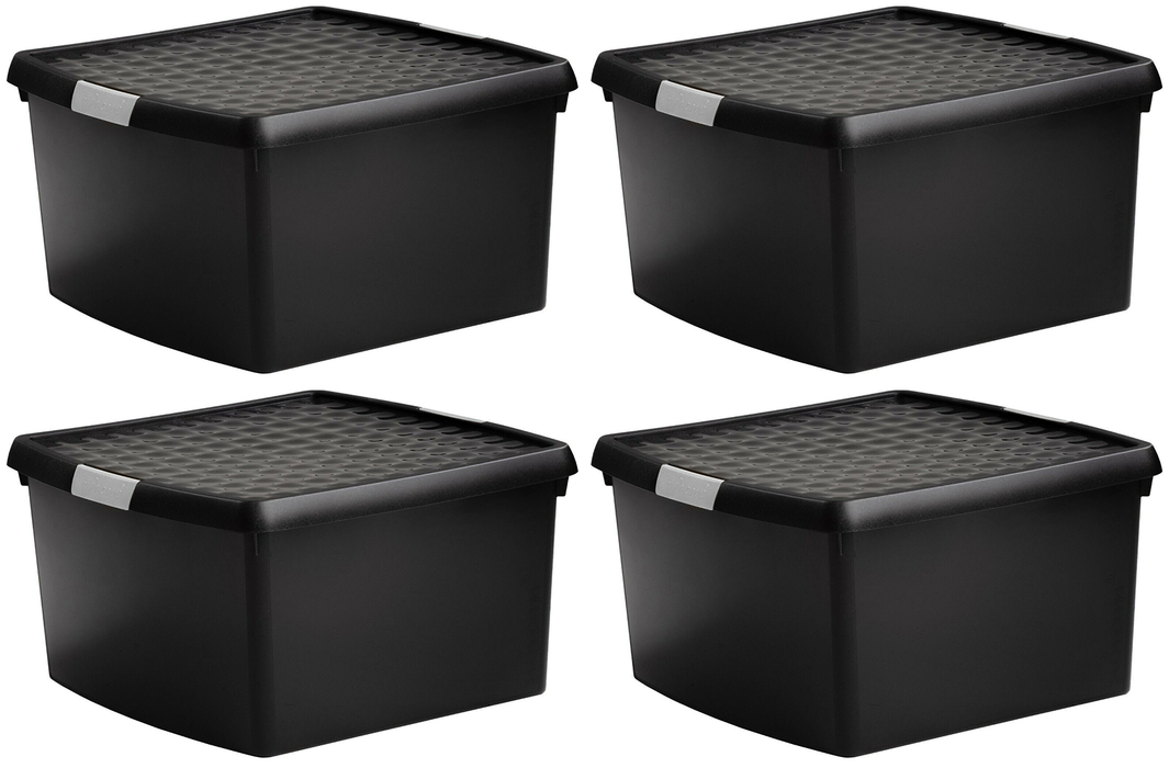 Set Of 4 Large Clip Top Storage Box With Lid 25.5 L Black STRONG Plastic Box