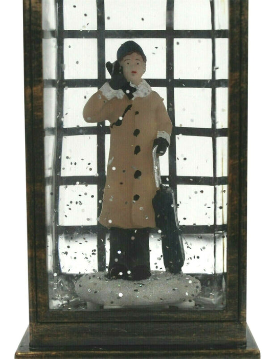 Telephone Box Christmas Ornament - Light-up LED Snow Glitter Winter Decoration