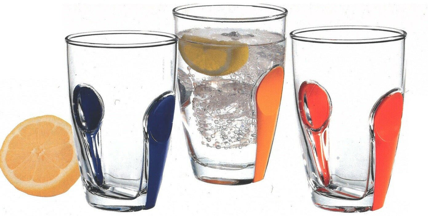 Set of 6 260ml Glass Tumblers, Clear Drinking Glasses with Multicoloured Snap-On