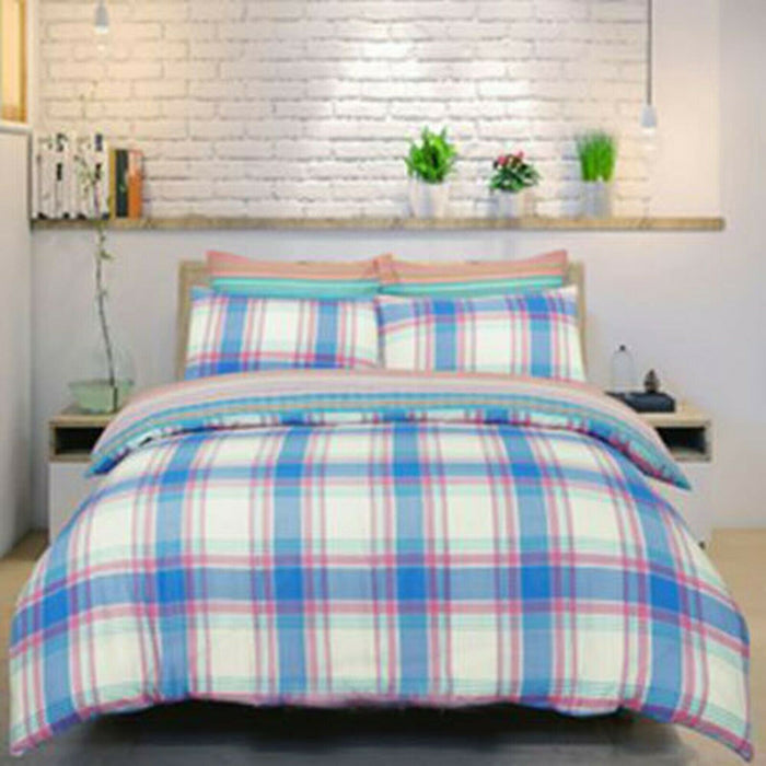 Duvet Bed Set Double Cotton Polyester Bedset Checked Blue Bedding Set Reversible