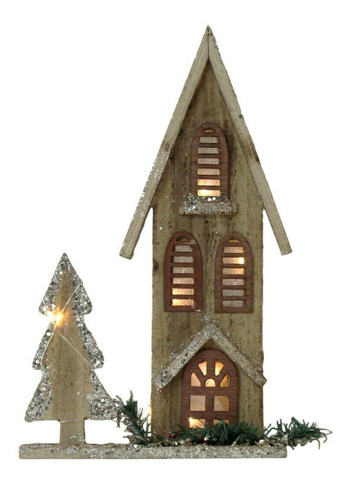 Wooden Christmas Decoration - House LED Lights Traditional Glittery Ornament
