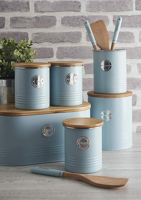 Typhoon 1Litre Blue Metal Sugar Canister Airtight Bamboo Lid Kitchen Storage Tin