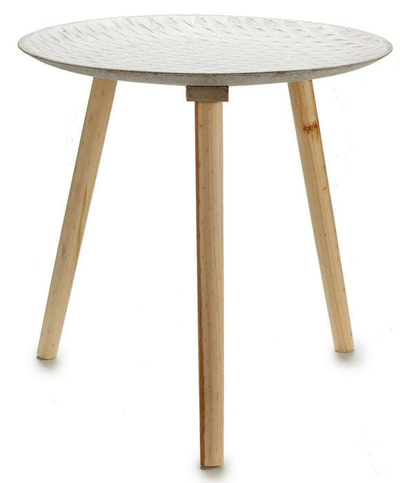 50cm Round Wooden Side Table 3 Legged Distressed White Diamond Imprint Tray Top