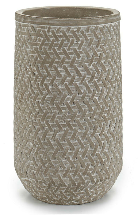 25cm Grey Cylinder Vase Cement Distressed Rattan Design Decorative Flower Vase