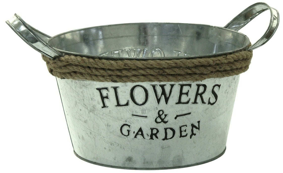 30cm Zinc Silver Round Planter Plant Pot Barrell Planter With Handles Vintage
