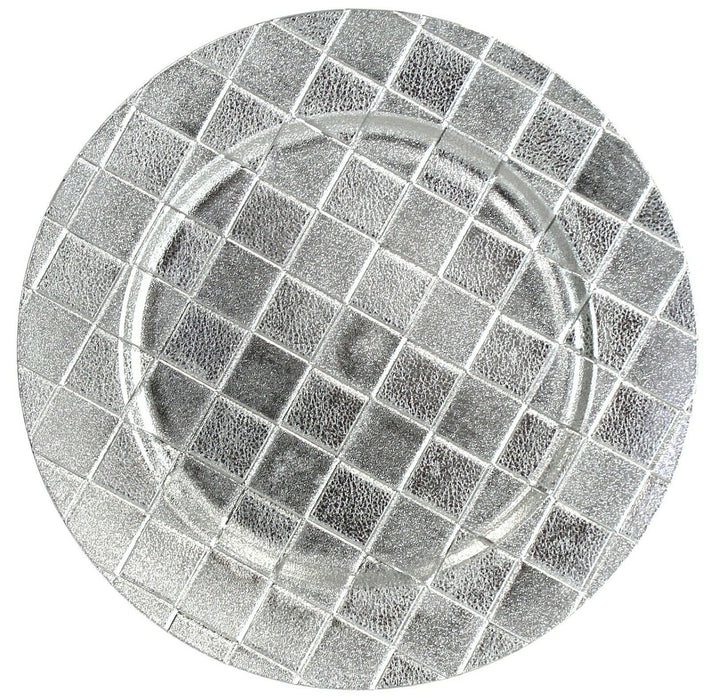 Geri Set of 4 33cm Silver Chequered Round Charger Plates for Festive Dining